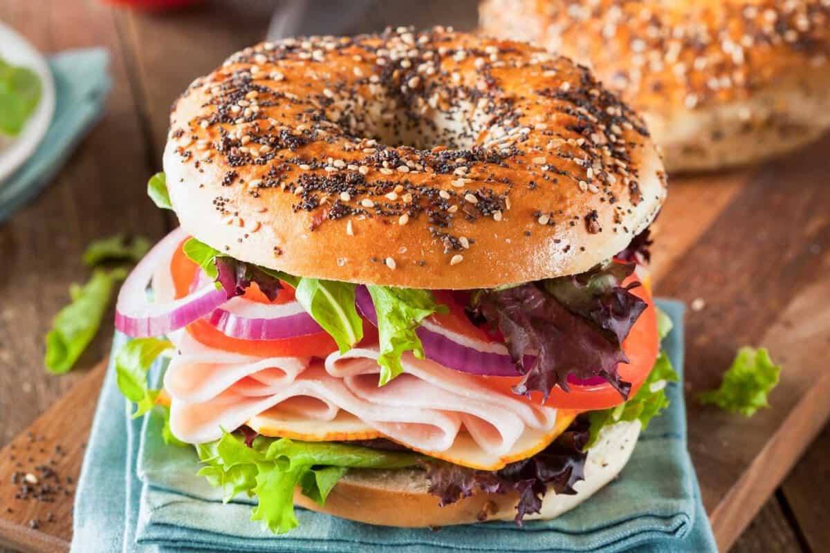 everything bagel sandwich with veggies and turkey