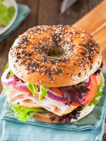 everything bagel sandwich with veggies and turkey