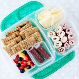 closeup of a homemade lunchable in a bento container