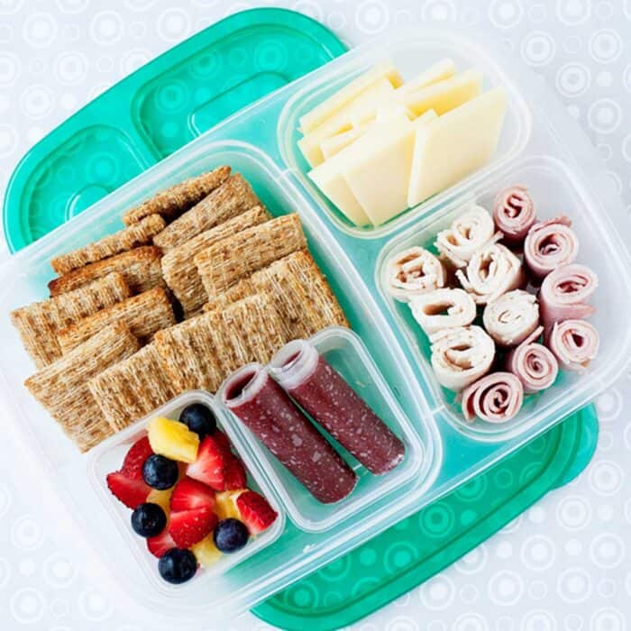 closeup of a homemade lunchable in a bento container