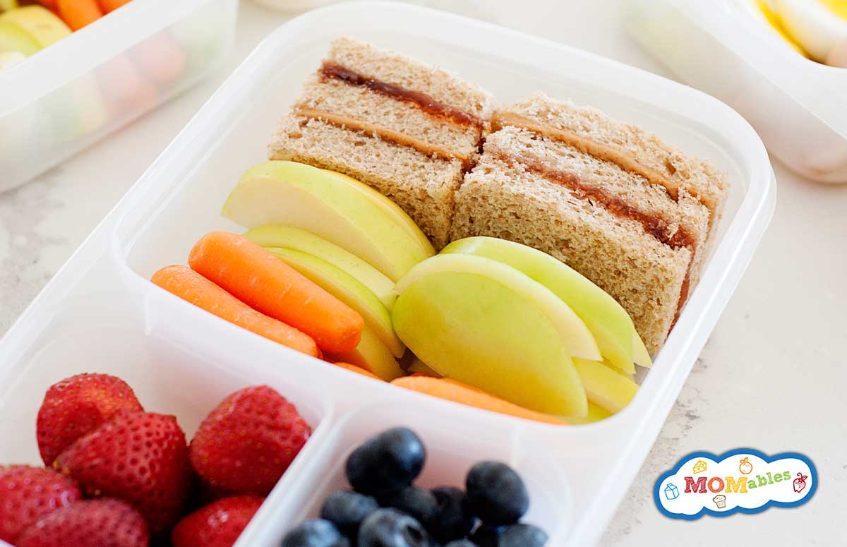 two PBJ sandwich squares in a lunch container with apple slices, carrot sticks and berries
