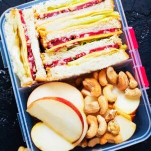 small lunch container with salami sandwich, apple slices and nuts