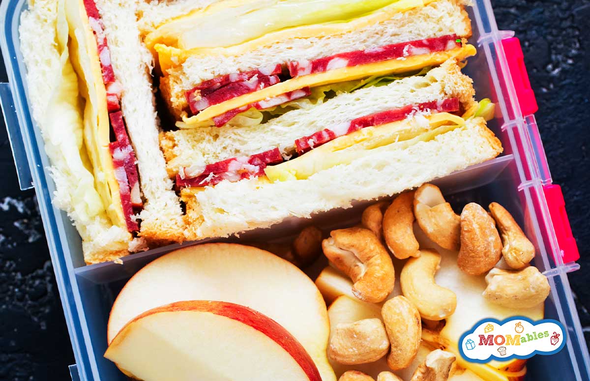 small lunch container with salami sandwich, apple slices and nuts