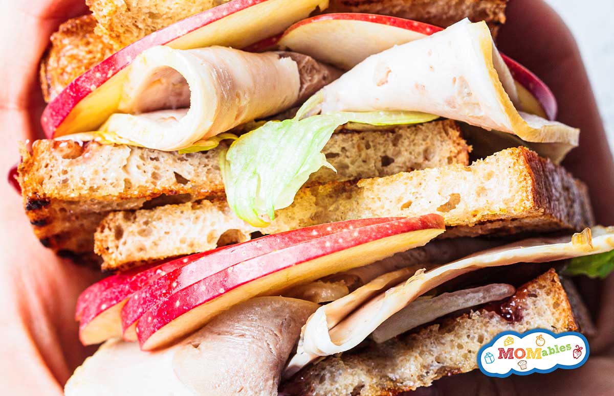 closeup of a turkey sandwich with apple slices