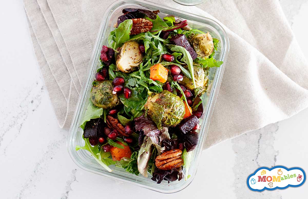 overhead look at a winter salad in a lunch container