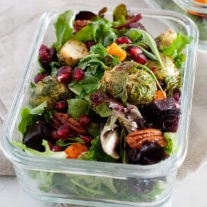 salad with roasted vegetables and pomegranate seeds