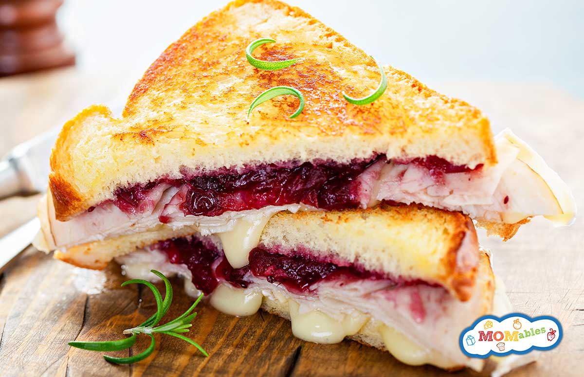 two halves of a grilled cheese sandwich with deli turkey and cranberry sauce