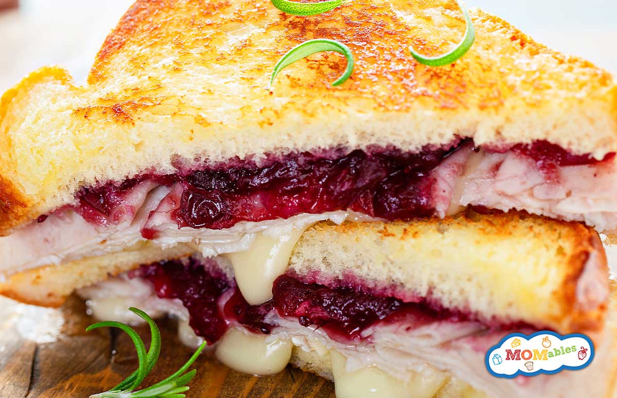 two halves of a grilled cheese sandwich with deli turkey and cranberry sauce