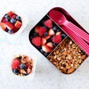 yogurt parfait in a small lunch container with mixed berries and granola