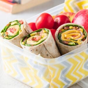 closeup of ham and veggie wraps in a lunchbox