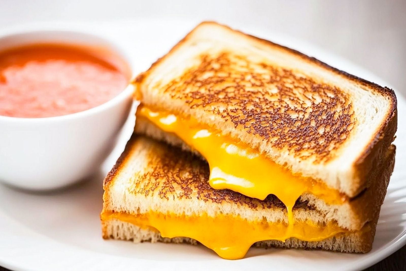grilled cheese sandwich sliced in half with cheese oozing out and a cup of tomato soup on the side