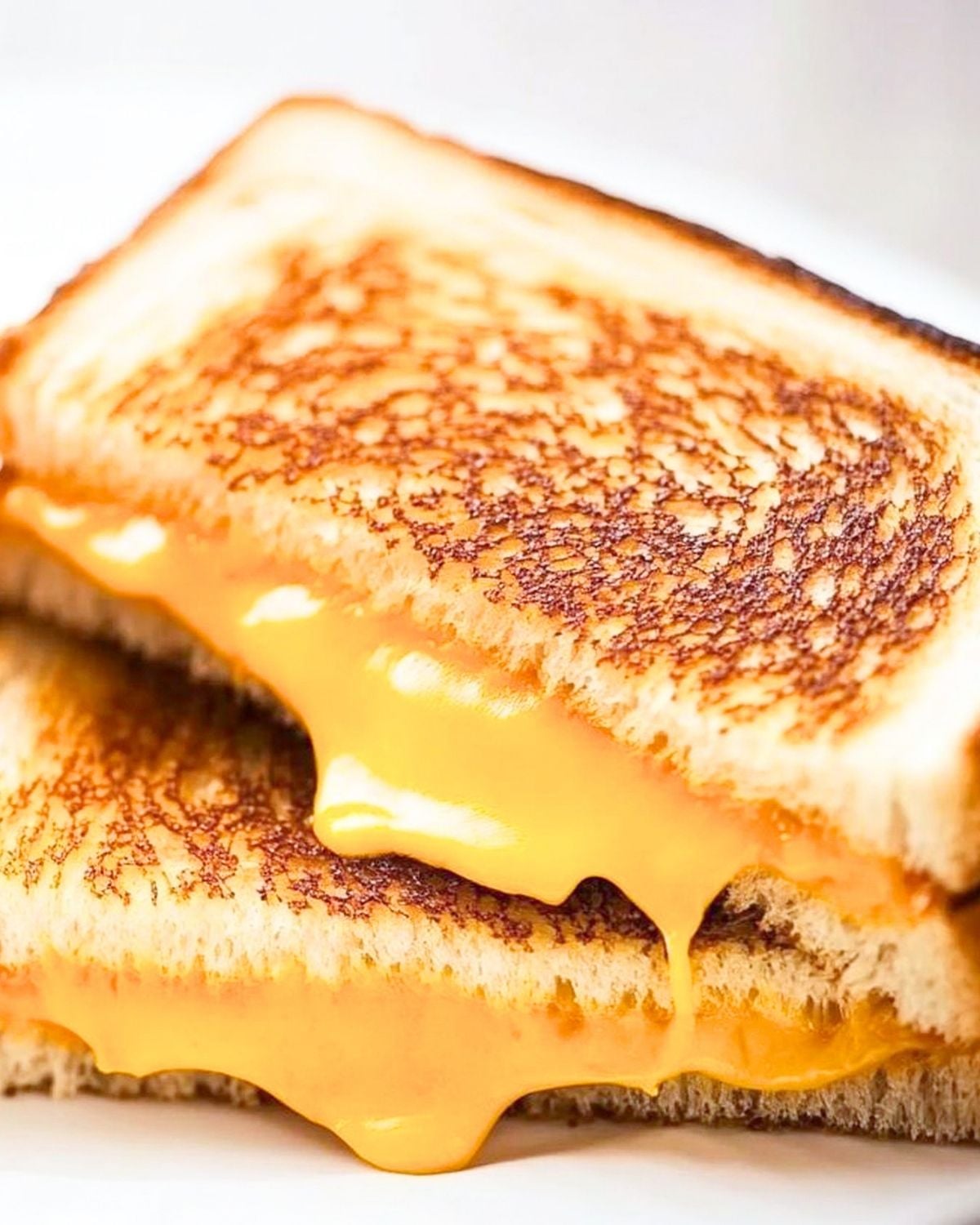 grilled cheese sandwich sliced in half with cheese oozing out.