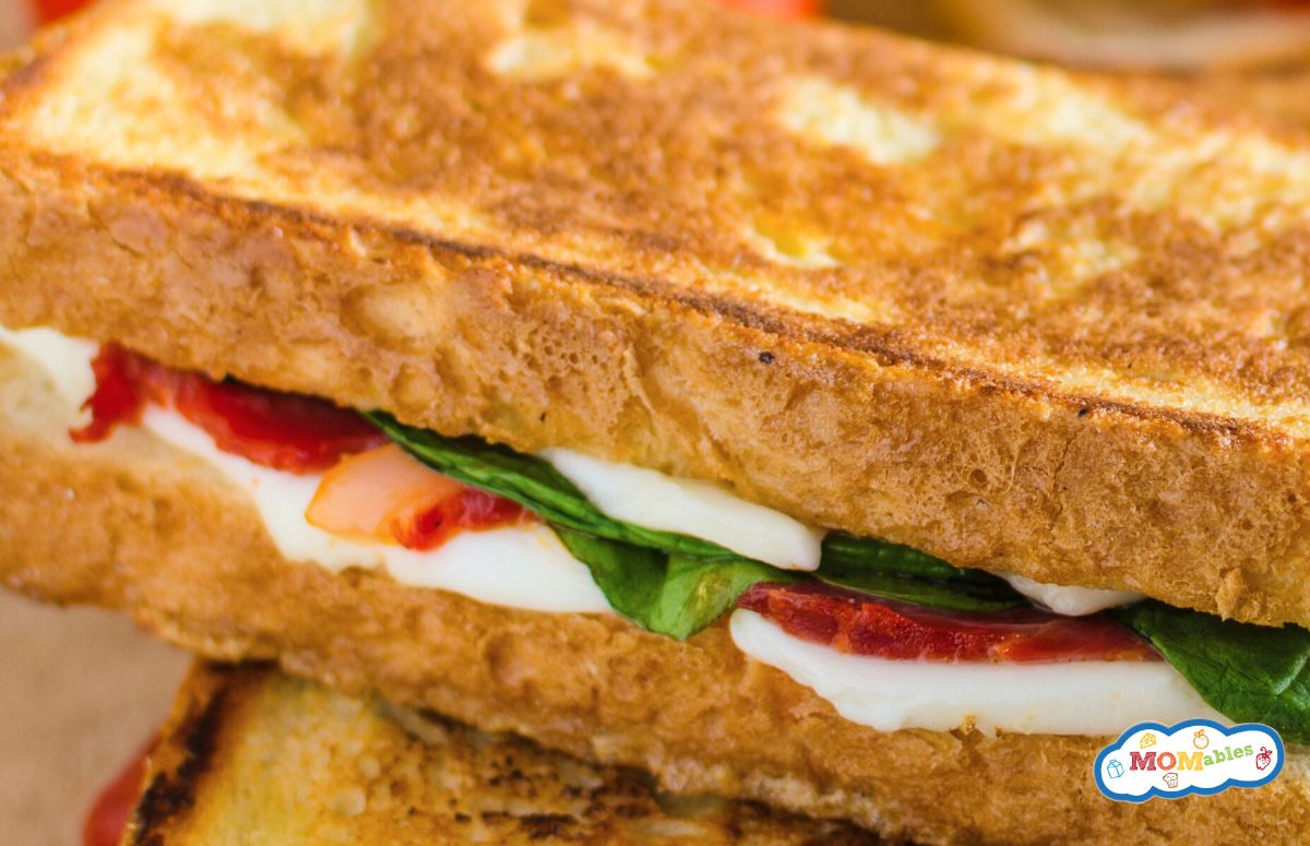 closeup of a caprese grilled cheese