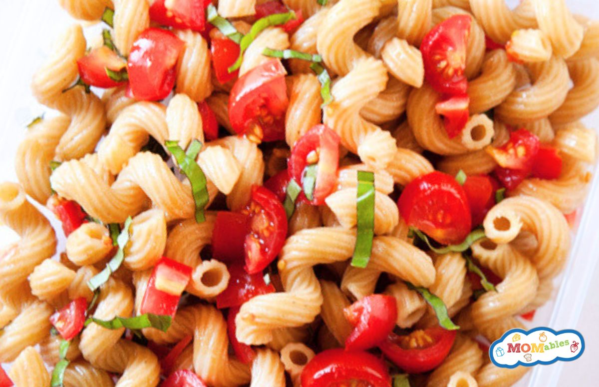tomato pasta salad in a lunch container