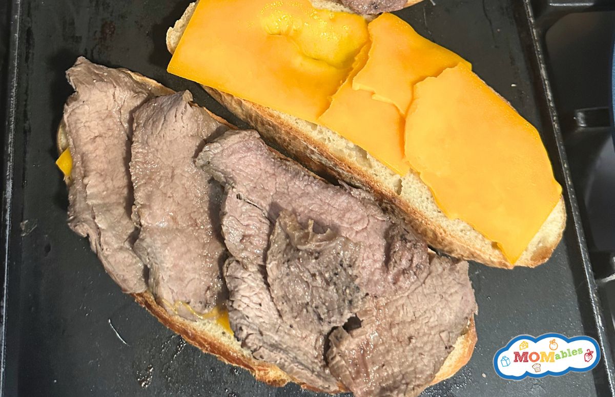roast beef grilled cheese open face on a griddle