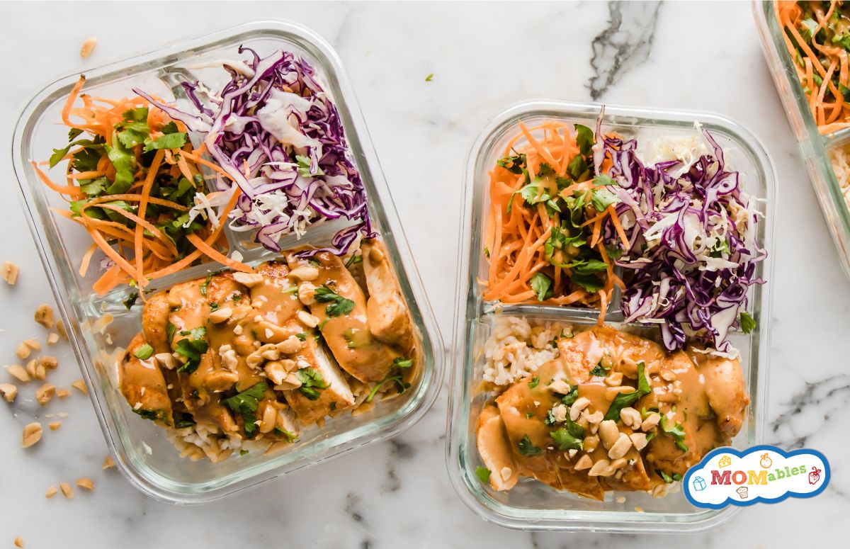 Two Thai chicken and rice lunch bowls