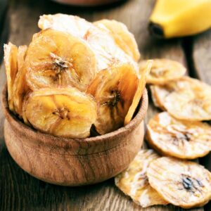 small brown bowl of banana chips