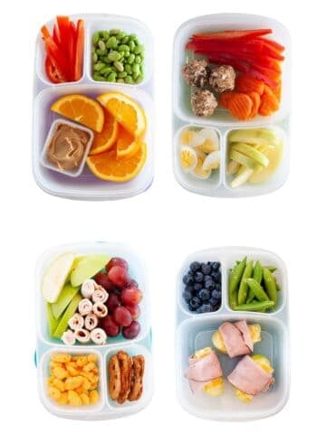 four lunchboxes floating in a white background