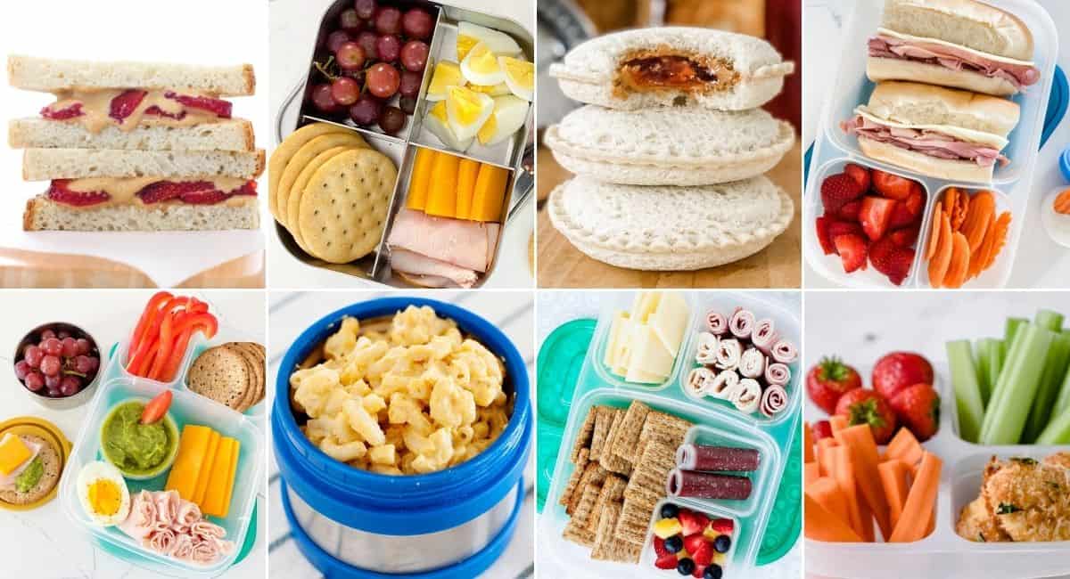 collage with eight images of elementary school lunches