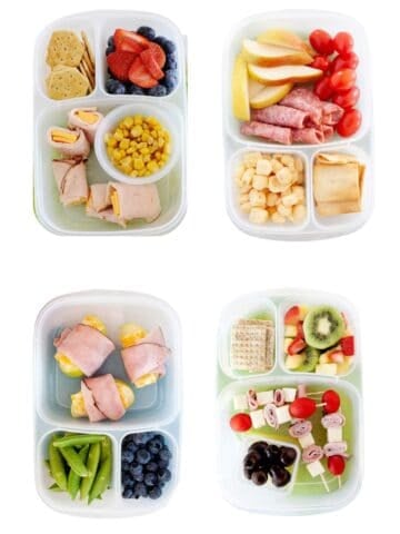 four school lunches floating in a white background