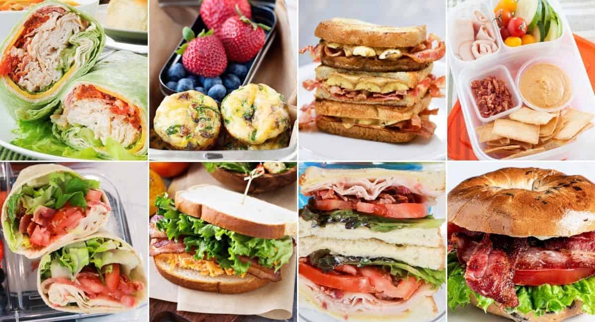 collage with eight images of lunch recipes made with bacon