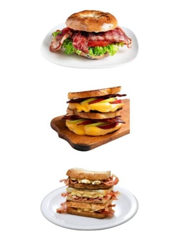 three sandwiches with bacon floating in a white background