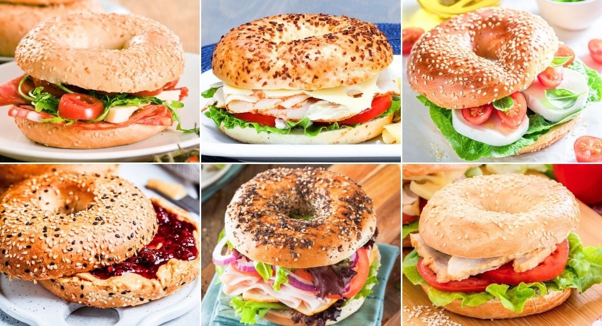 collage image with six bagel sandwiches