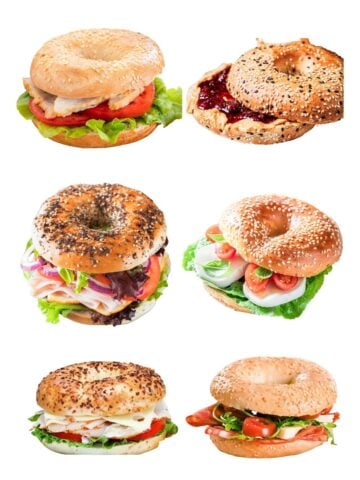 three bagel sandwiches floating in a white background