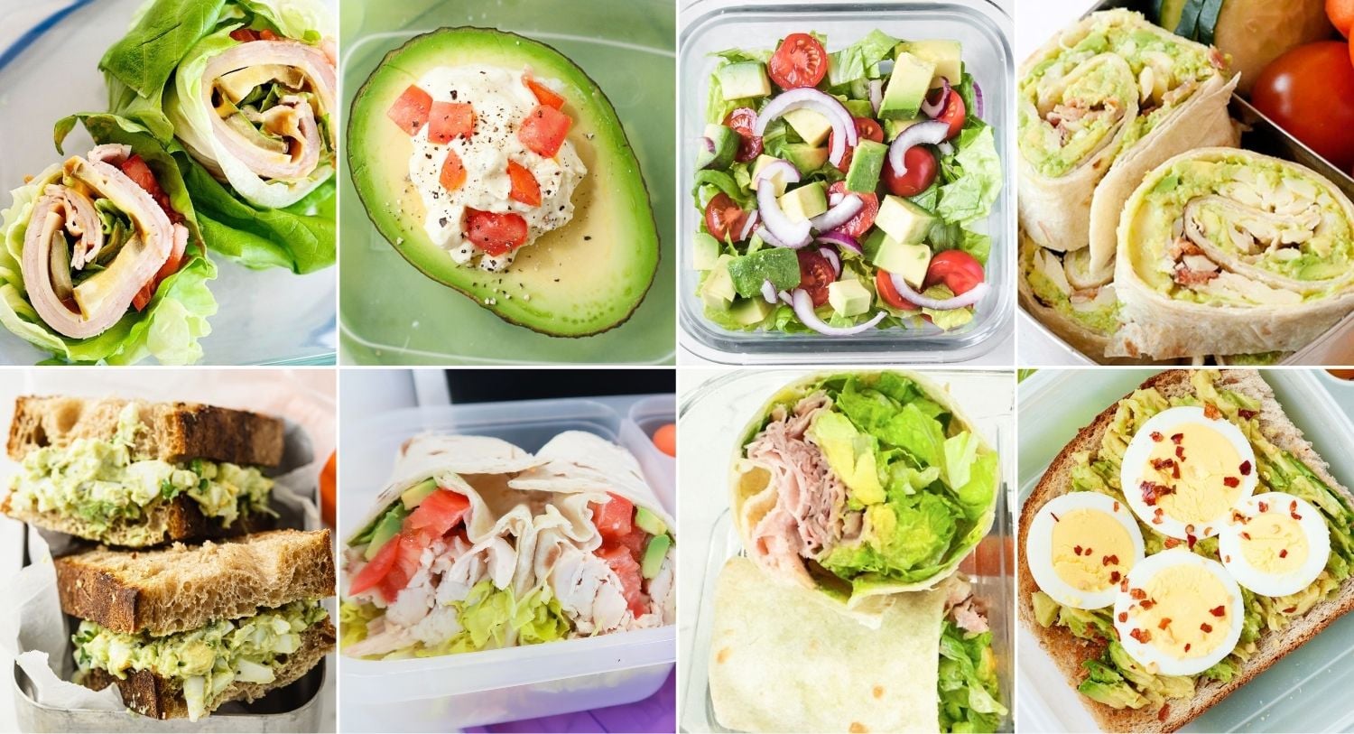 collage image with eight lunches made with avocado