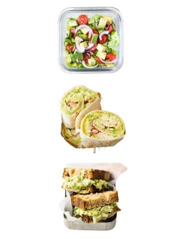 eight lunches with avocado floating in a white background