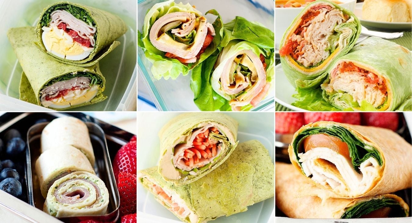 collage of 6 different turkey wrap ideas that make a healthy school lunch