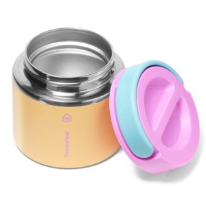 front view of a thermoflask thermos lunch container for kids open showing wide opening and lid with easy open handle